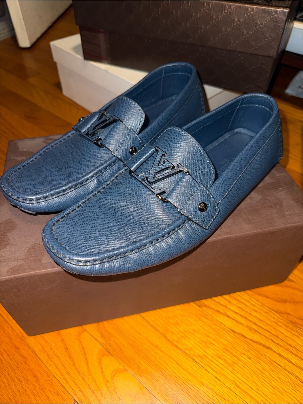 Louis Vuitton Navy Blue Textured Leather Driving Loafers with LV Buckle